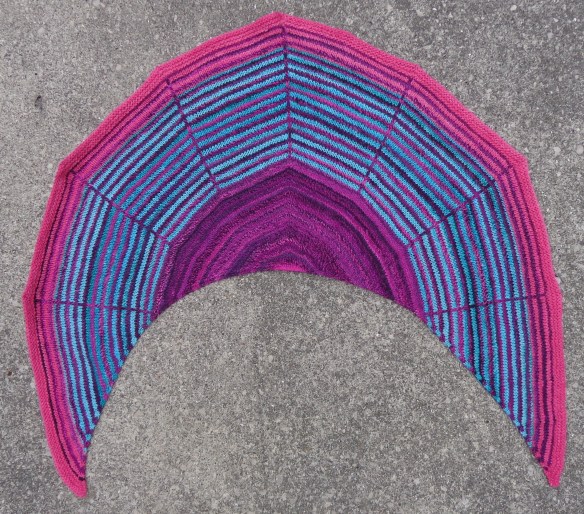 Daybreak shawl by Stephen Wesst knit in handspun by Deborah Cooke