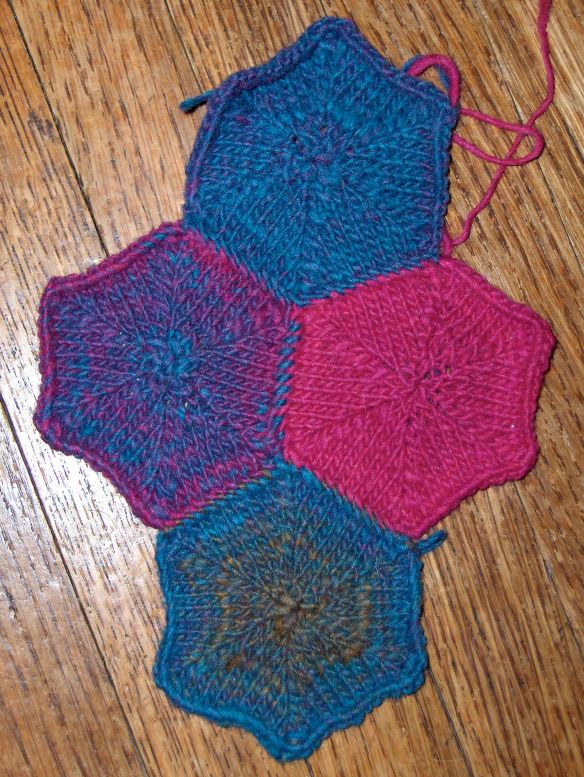 Sock yarn hexagons knit by Deborah Cooke