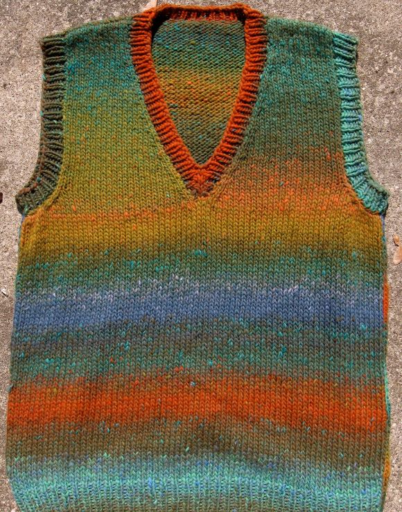 Sonny vest by Sarah Hatton knitted in Colourscape Chunky by Deborah Cooke