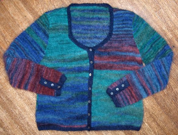 Sweetheart cardigan by Sarah Hatton knit by Deborah Cooke in Rowan Kidsilk Haze Stripe