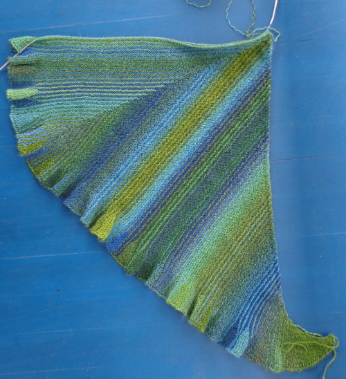 Undine shawl by Deborah Cooke knit in Crazy Zauberball by Deborah Cooke