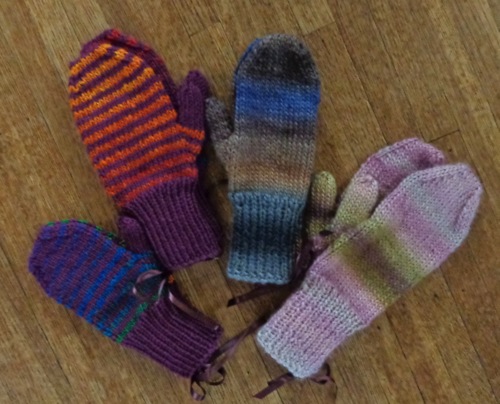 mittens knit in Patons SWS, Bernat Mosaic and Bernat Satin by Deborah Cooke