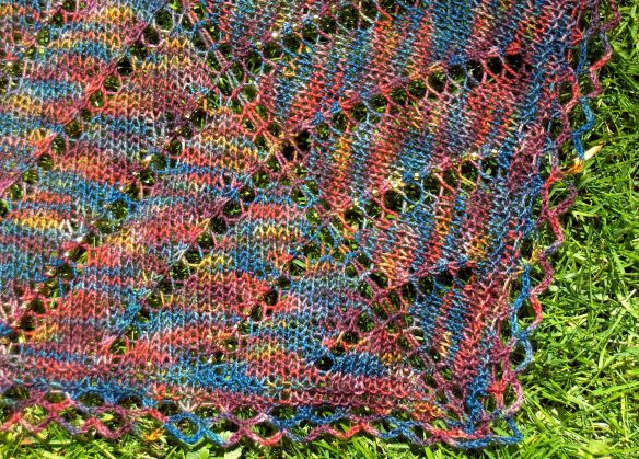 Half Hexagon Fichu Shawl by Jane Sowerby knit in handpainted sock yarn by Deborah Cooke
