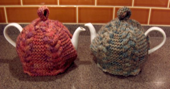 Tea cozies knit in Bernat Felting by Deborah Cooke