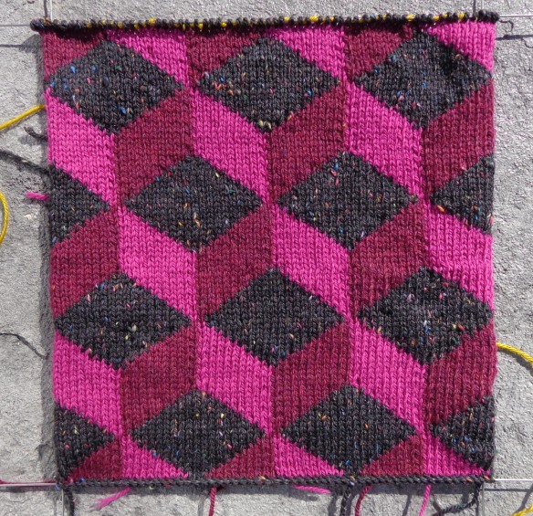 Tumbling Blocks, part of the Kaffe Fassett KnitaLong Afghan 2017 knit in Patons Classic Wool by Deborah Cooke