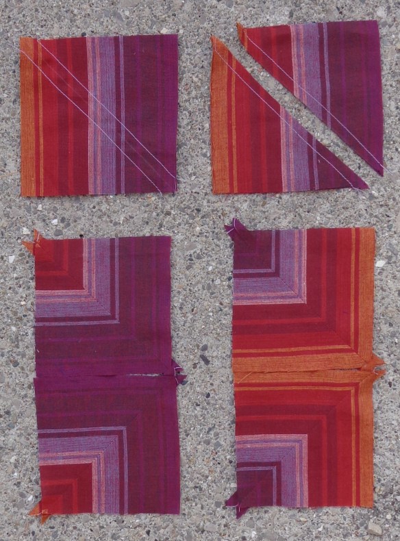 Mitred squares sewn of Kaffe Fassett's Exotic Stripe by Deborah Cooke