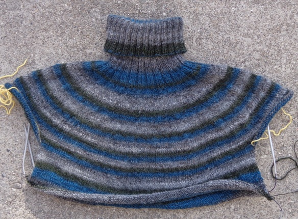 Andrea Mowry's Stripes top-down pullover knit in SugarBush Motley by Deborah Cooke