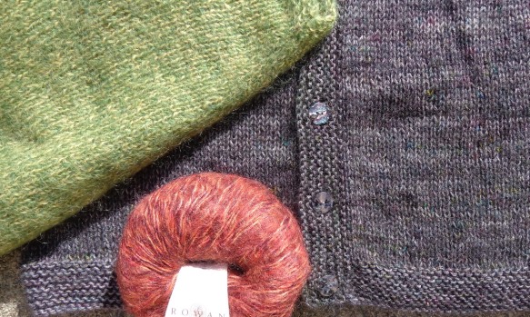 Felix cardigan knit by Deborah Cooke with two shades of Kidsilk Haze Trio