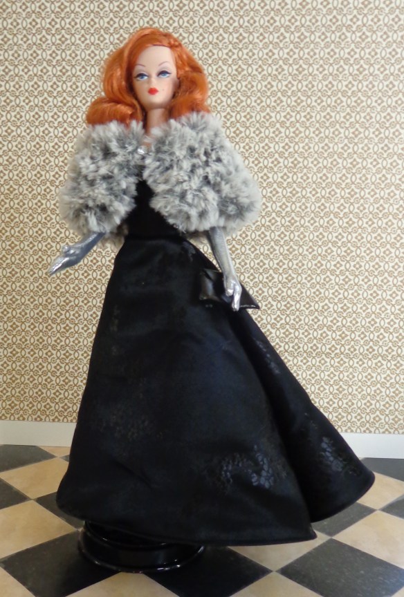 Soiree and cape designed by Kate Mitsubachi and sewn by Deborah Cooke - with "fur" cape knit by Deborah Cooke