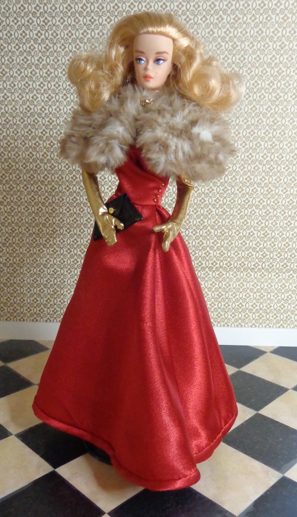 Soiree and cape designed by Kate Mitsubachi and sewn by Deborah Cooke - with "fur" cape knit by Deborah Cooke