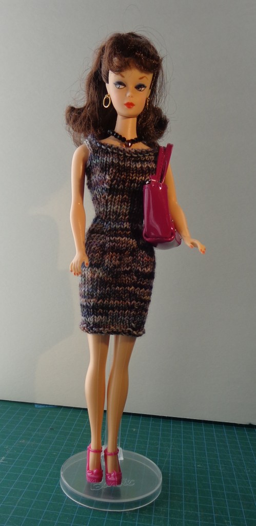 Modern Day Goddess dress for fashion dolls with variations for vintage Barbie, knit by Deborah Cooke in Koigu KPPPM