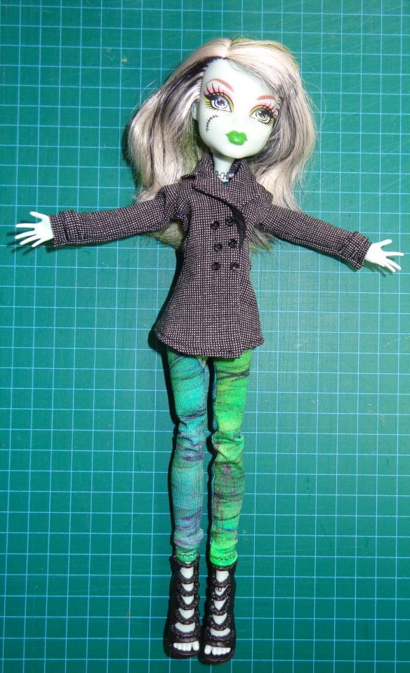DG Requiem Leather Jacket & Trench Coat pattern for petite slimline dolls made by Deborah Cooke and modeled by Frankie Stein