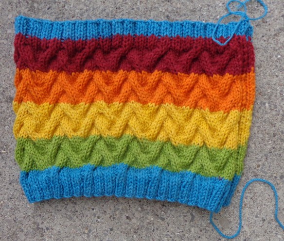 Rainbow Cowl, Ups-and-Downs Cowl knit by Deborah Cooke in Caron Cakes Sprinkles