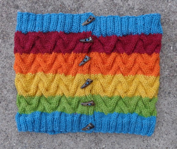 Rainbow Cowl, Ups-and-Downs Cowl knit by Deborah Cooke in Caron Cakes Sprinkles