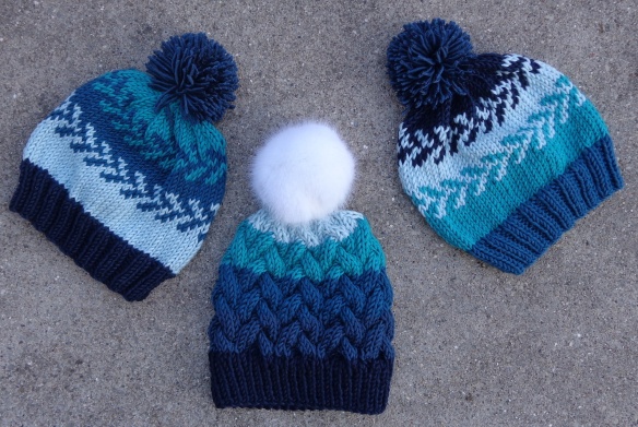 Three hats in Caron X Pantone knit by Deborah Cooke