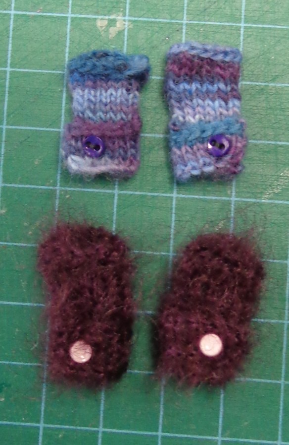 fingerless gloves for Blythe knit by Deborah Cooke in Rowan Kidsilk Haze and Malabrigo Lace.