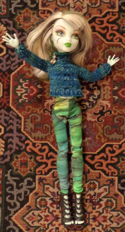 Fievel, a free pattern from Berocco, modified for Monster High doll by Deborah Cooke, knit in Malabrigo Sock