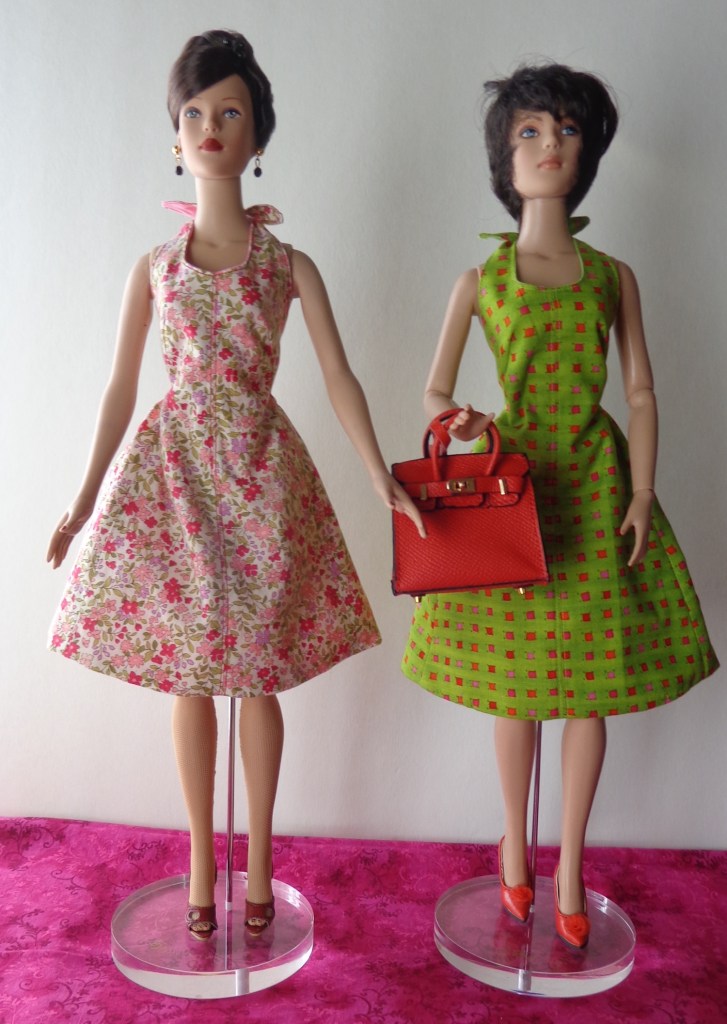 Halter dresses for 16" dolls from Fashion Doll Clothing by Rosemarie Ionker, sewn by Deborah Cooke