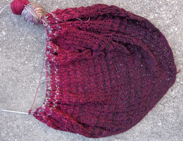 Charlotte's Web knitted in five colours of Koigu KPPPM by Deborah Cooke, in progress