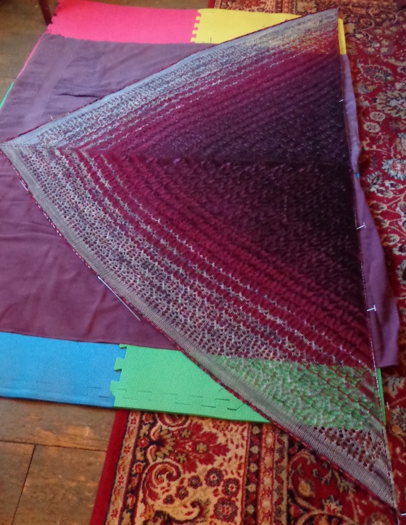 Charlotte's Web knitted in five colours of Koigu KPPPM by Deborah Cooke, blocking
