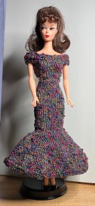 #619 Blue glitter dress from Stickatillbarbie.se knit in a mystery glitter yarn by Deborah Cooke