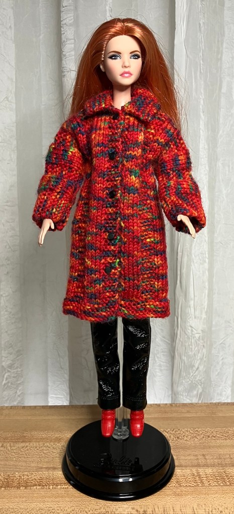 coat knitted for Barbie in Kroy sock yarn by Deborah Cooke