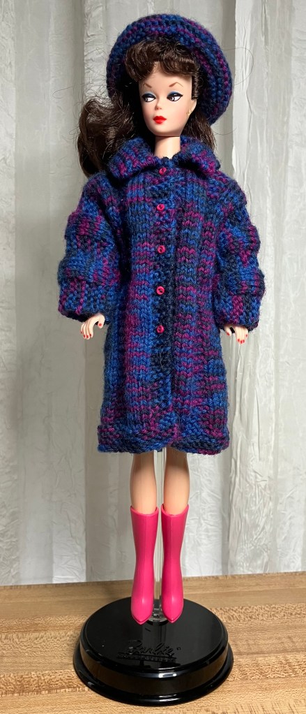 coat and hat knitted for Barbie in Kroy sock yarn by Deborah Cooke