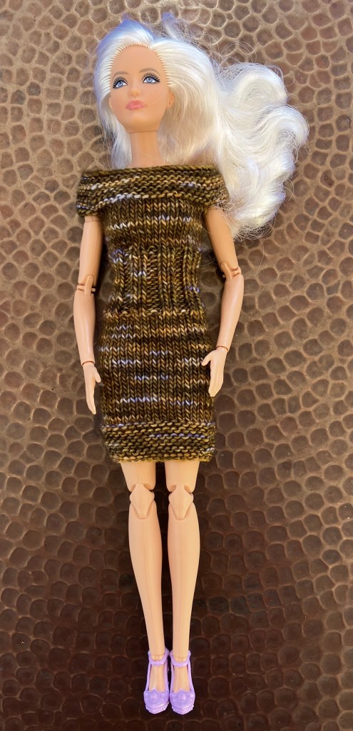 A dress knitted for Barbie in MadTosh Merino Light by Deborah Cooke