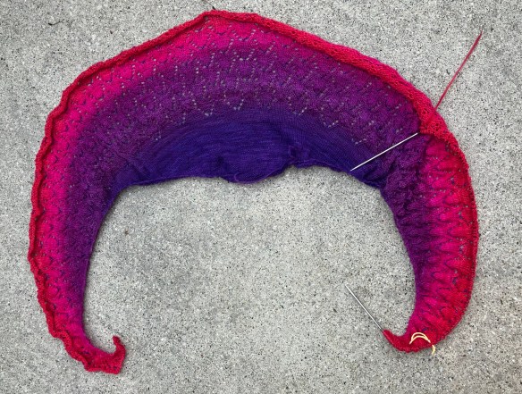 Heaven Scent shawl by BooKnits knit by Deborah Cooke in Freia Handpaints Ombré Shawl Ball Merino - losing yarn chicken