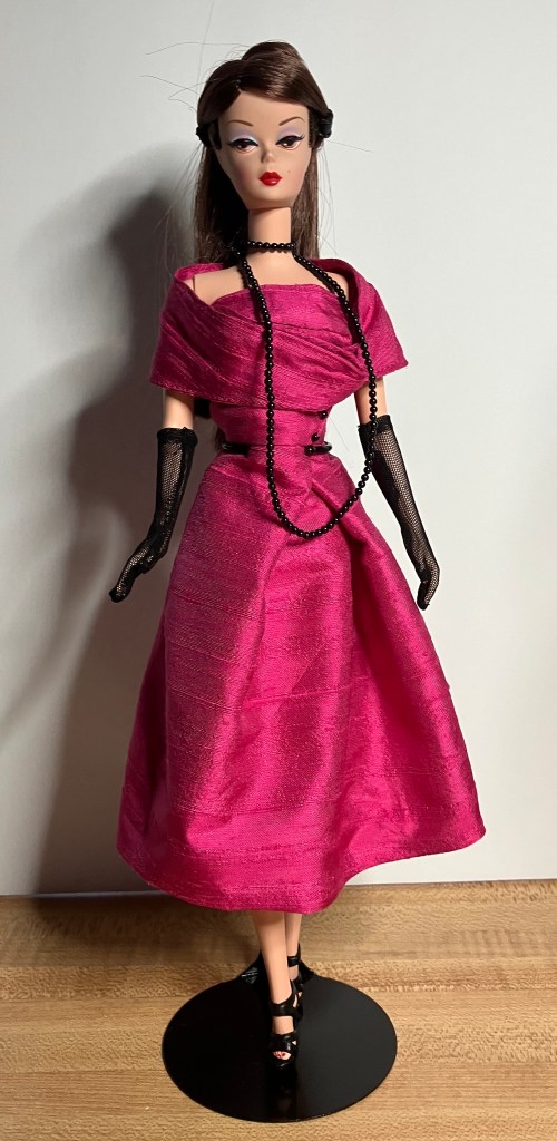 Caracas pattern for 12" dolls by Hankie Chic made in pink silk by Deborah Cooke